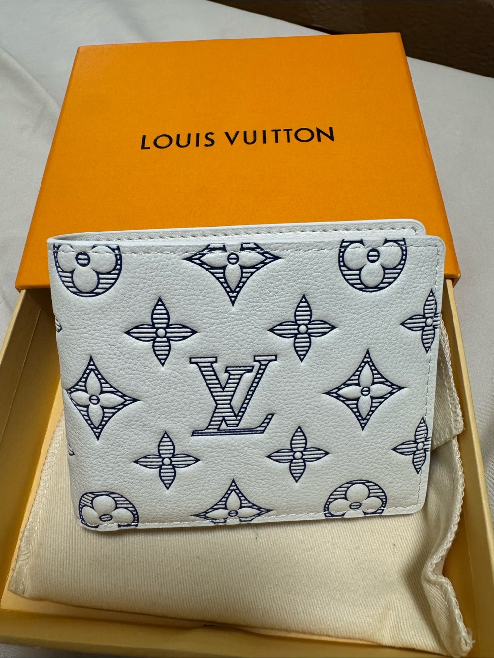 Louis Vuitton White Wallet with Navy Monogram Accents